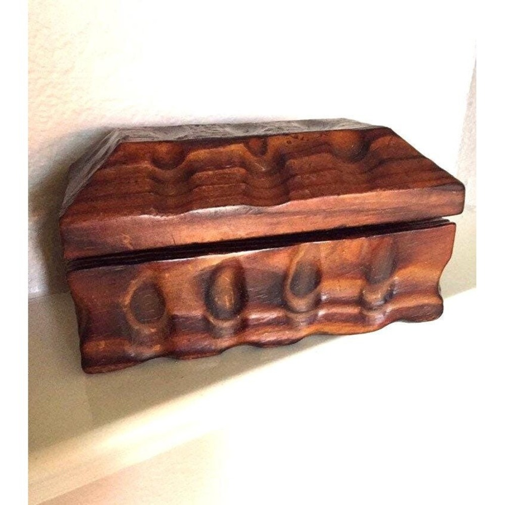 Vintage Hand‎ Carved Wooden Box, Rustic Trinket Wood Box